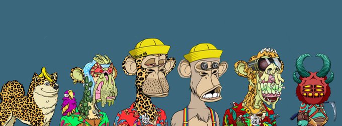 A lineup of six colorful, stylized Bored Ape Yacht Club NFT characters stands against a dark teal background, with the post referencing @BoredApeYC indicating an expanding collection of these uniquely designed apes.