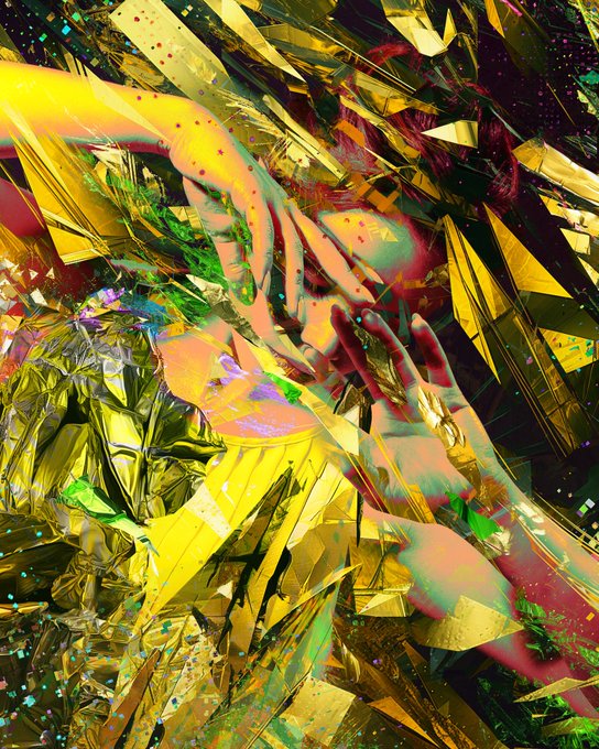 Vibrant digital artwork featuring a figure in metallic gold and iridescent textures with hands raised, conveying an emotional, psychedelic atmosphere that aligns with the SPEKTRUM Collection's exploration of color and emotion, now available for purchase at 0.2 ETH reserves.