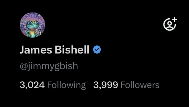 Twitter profile for James Bishell (@jimmygbish), a verified account with 3,024 Following and 3,999 Followers, featuring a colorful axolotl profile picture.