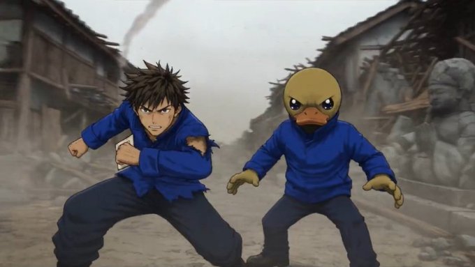 An anime scene depicting a young man in a blue gi alongside a character with a yellow duck head, both in martial arts stances in a ruined village setting.
