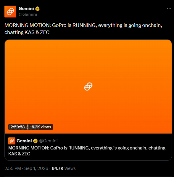 A tweet from Gemini (@Gemini) with 64.7K views posted at 2:55 PM on Sep 1, 2026 announces that GoPro is moving onchain and discussing $KAS and ZEC tokens, tying into the institutional interest around Kaspa (KAS) highlighted in the accompanying post.