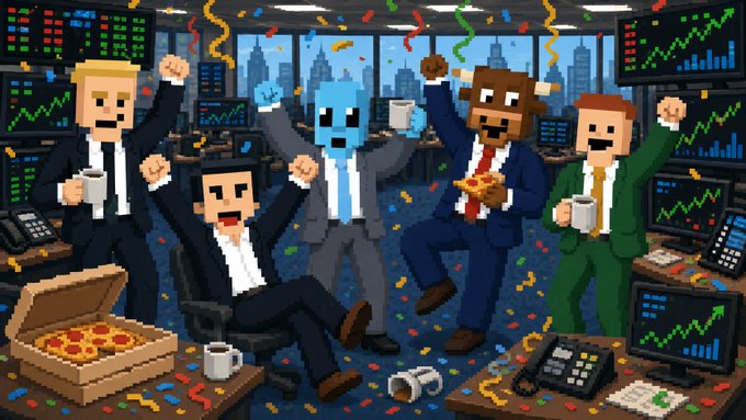 Pixel art depicting a group of traders celebrating in a stock-trading office with rising charts on monitors, confetti falling, and a pizza box on the floor.