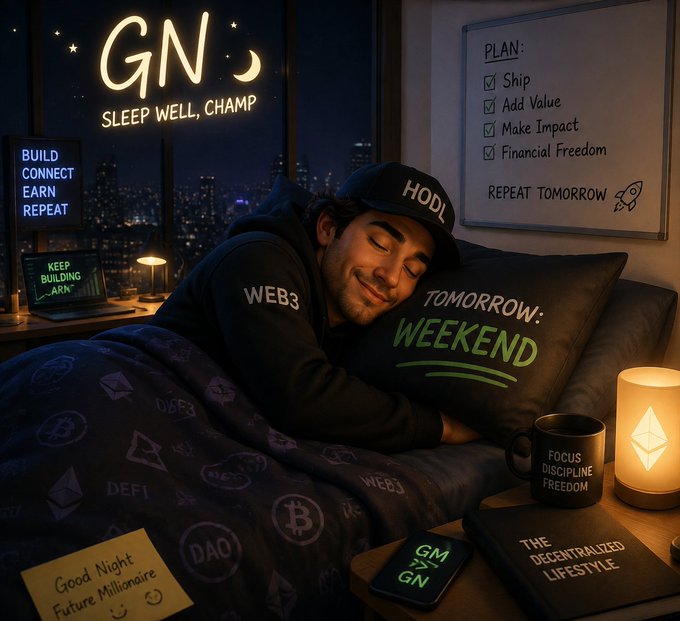 A young man wearing a "HODL" cap and "WEB3" hoodie sleeps peacefully at a desk surrounded by crypto-themed decor, including a neon "GN - Sleep Well, Champ" sign, a pillow reading "Tomorrow: Weekend," and a mug labeled "Focus Discipline Freedom." The cozy nighttime scene of rest amid Web3 lifestyle imagery ("DEFI," "DAO," "The Decentralized Lifestyle") visually captures the post's message of recharging for the weekend while staying committed to the grind.