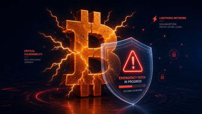 A digital graphic depicting a cracked, glowing Bitcoin symbol beside a shield with a warning sign that reads 'EMERGENCY PATCH IN PROGRESS', with text 'CRITICAL VULNERABILITY' and 'LIGHTNING NETWORK'.