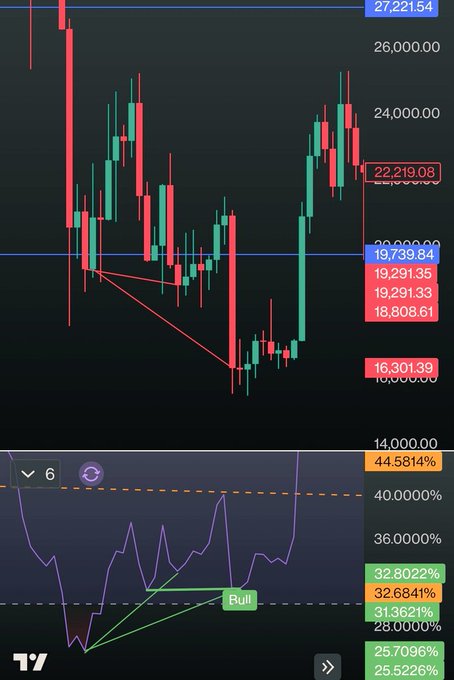 A candlestick chart showing Bitcoin's price action with a notable bullish divergence pattern marked, displaying key levels at 27,221.54, 22,219.08, 19,739.84, 16,301.39, and an RSI indicator below at 44.5814% with a "Bull" divergence label, illustrating the historical weekly bullish divergence on #BTC that signaled the bottom in late 2022.