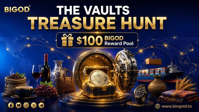 Promotional banner for BIGOD's 'THE VAULTS TREASURE HUNT' featuring a $100 reward pool, displaying a treasure chest filled with gold, surrounded by coffee, wine, grapes, a ship, a watch, and other goods.