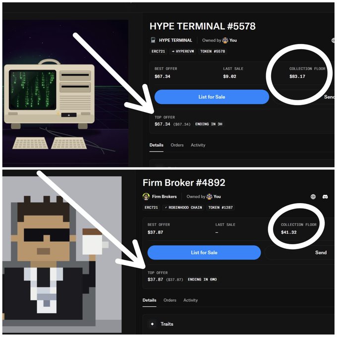 Screenshots from a NFT marketplace showing 'HYPE TERMINAL #5578' with a Collection Floor of $83.17 and 'Firm Broker #4892' with a Collection Floor of $41.32, both marked by white arrows and circles.
