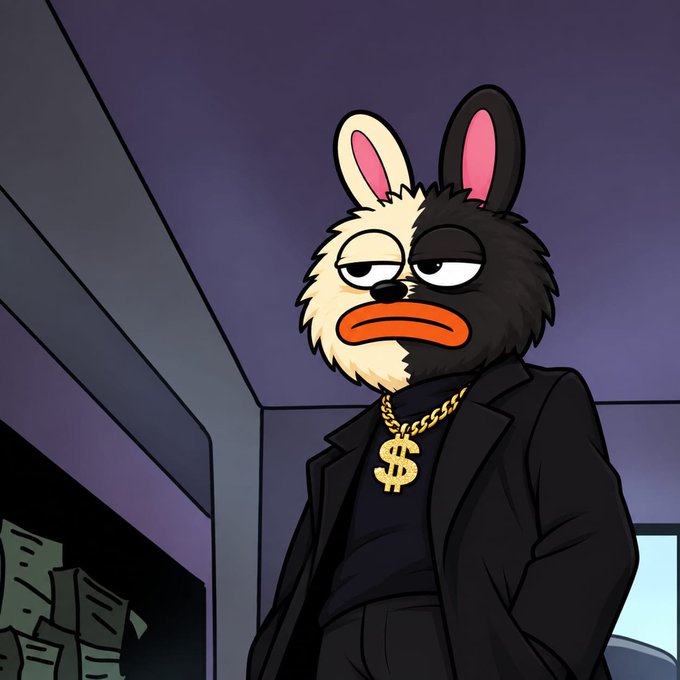 An illustrated anthropomorphic rabbit-like character wearing a black coat and a gold chain with a dollar sign pendant stands in a purple-lit room.