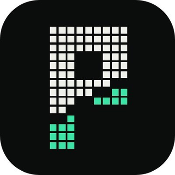 App icon featuring a pixelated design with gray and green squares forming the letter "R" on a black background.