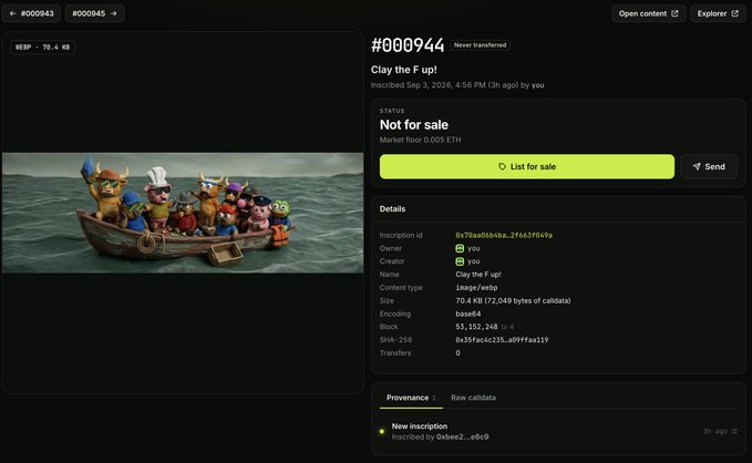 An NFT marketplace page displaying inscription #000944 titled 'Clay the F up!' with a 'Not for sale' status and details including owner, creator, and block info.