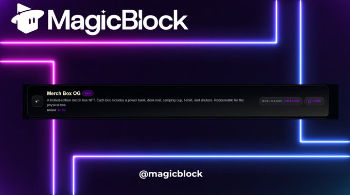 A promotional graphic for MagicBlock features neon pink and blue geometric lines on a dark background, advertising a 'Merch Box OG' NFT mint with a roll range of 4,944 / 666 and the handle @magicblock at the bottom.