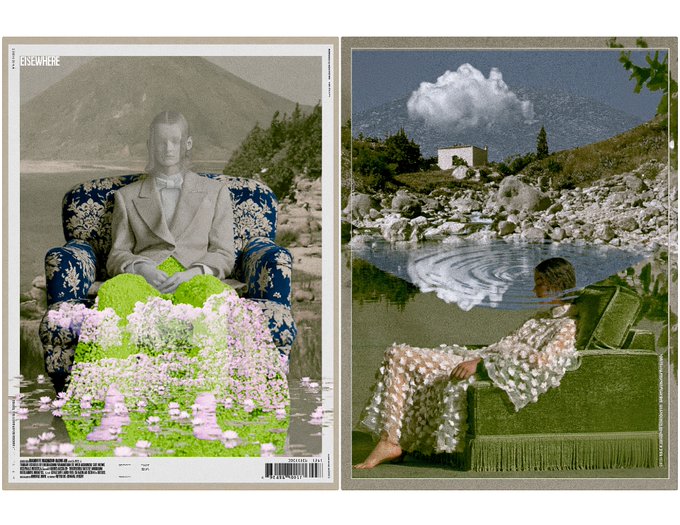 A collage of two photographs features a woman in a blue dress and white hat, seated on a green couch with flowers, and another photograph of the same woman sitting on a green chair with a mountain backdrop.