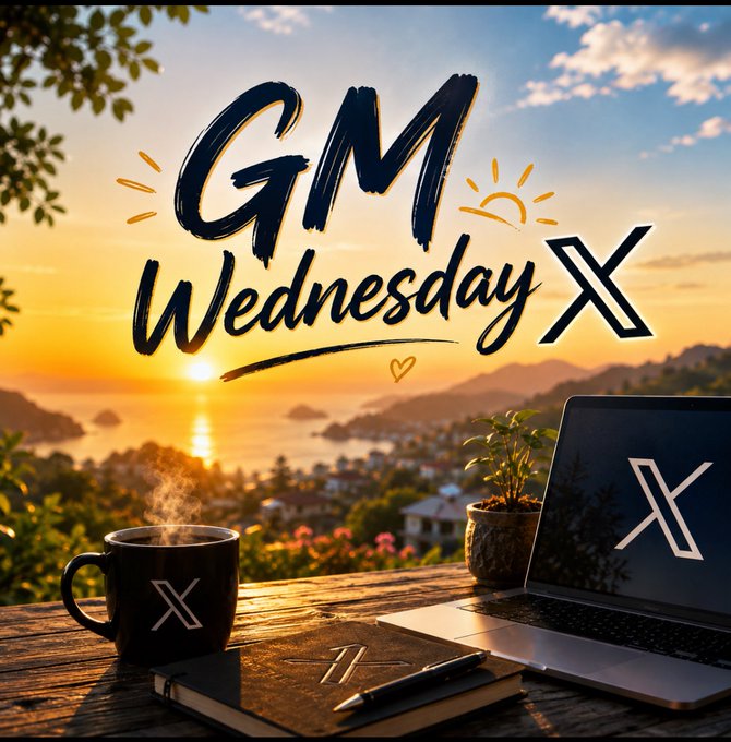A scenic sunrise over a bay with islands serves as the backdrop for the text 'GM Wednesday X', accompanied by a steaming mug, a potted plant, a journal with a pen, and a laptop, all branded with the X logo.