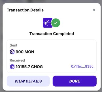 A mobile transaction confirmation screen showing a successful exchange of 900 MON sent for 10185.7 CHOG received.