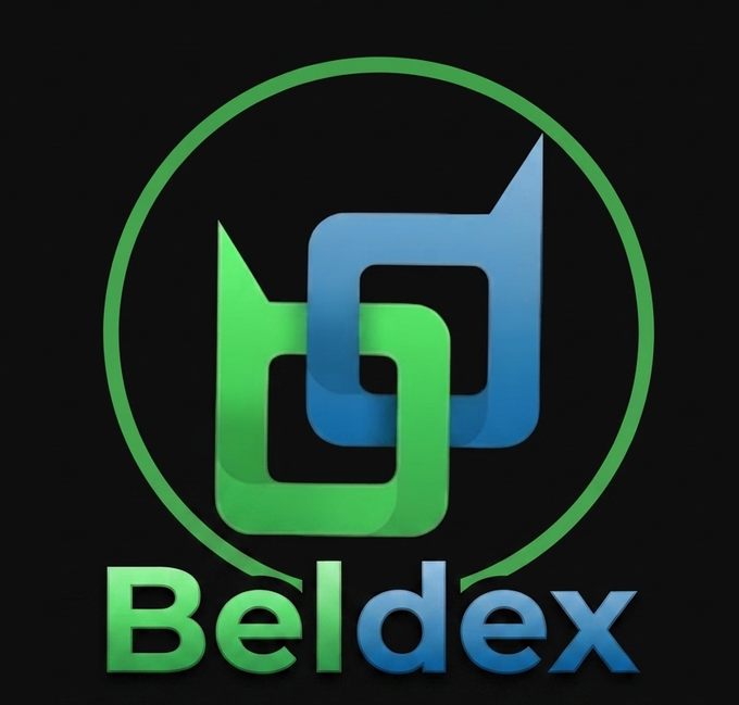 A logo for 'Beldex' features stylized interlocking green and blue shapes resembling a chain link or padlock on a black background.