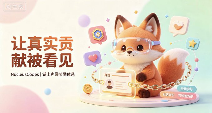 A promotional graphic features a cute 3D fox wearing VR glasses, with Chinese text '让真实贡献被看见' (Let real contributions be seen) and 'NucleusCodes | 链上声誉奖励体系' (On-chain reputation reward system).
