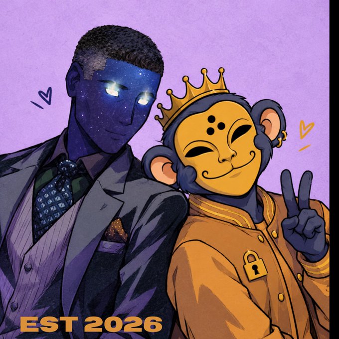 An illustrated artwork featuring two characters — one with a cosmic/galaxy face in a suit, and a monkey king character wearing a golden crown and orange robes with a lock padlock — with "EST 2026" text at the bottom.