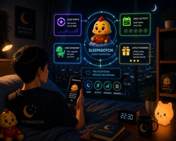 A digital illustration depicting a 'SLEEPAGOTCHI LOYALTY ECOSYSTEM'. A person in bed looks at a glowing holographic interface showing categories like 'SLEEP POINTS', 'DAILY ACTIVITY', 'DINO OWNERSHIP', and 'LOYALTY REWARDS', with a physical Sleepagotchi plush and cat lamp visible in the room.