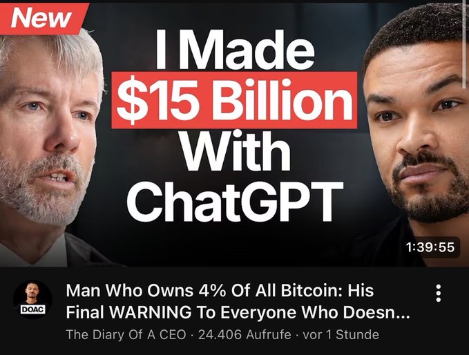 A YouTube video thumbnail titled "I Made $15 Billion With ChatGPT" featuring two men, from the channel "The Diary Of A CEO" with German text "Aufrufe" and "Stunde."