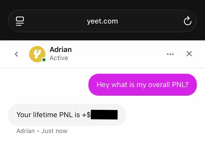 A screenshot of a chat on yeet.com with user Adrian, who is "Active," shows a message asking "Hey what is my overall PNL?" and Adrian responds, "Your lifetime PNL is +$" followed by a redacted amount. This image appears to be the proof of Adrian's lifetime PNL on YEET, though the specific dollar amount is hidden behind a black censor bar, preventing anyone from accurately guessing the figure to win the $1,000.