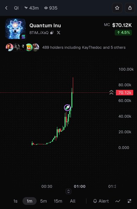 A cryptocurrency chart for 'Quantum Inu' token showing MC $70.12K with a 4.5% increase, with 489 holders.