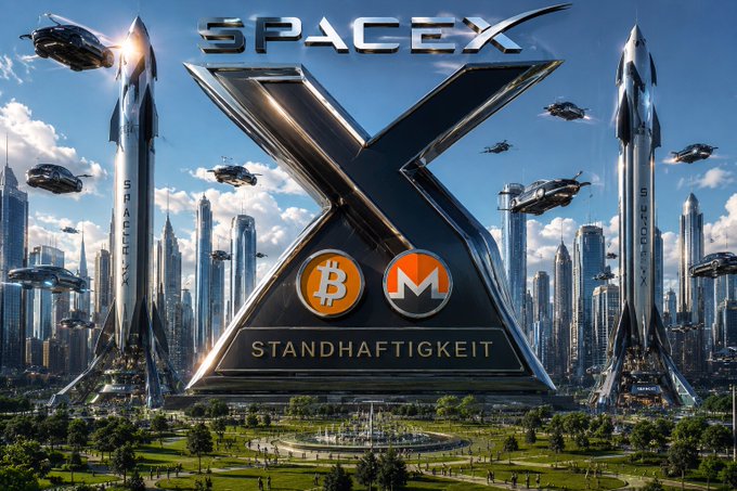 The image features a large, metallic sign with the words "Spacex" and "monero" written on it. Below the sign are two buildings, one of which has a large silver structure resembling a rocket ship. The background shows an urban landscape filled with tall buildings and flying spaceships. The post also includes text that reads "Standafactitigkeit".