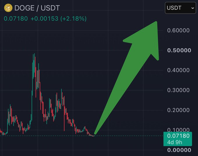 A DOGE/USDT candlestick chart shows the price at 0.07180 (+2.18%), with a large green arrow pointing upward from recent lows toward 0.60000, illustrating the bullish "only $DOGE chart you need" sentiment implied by the post.