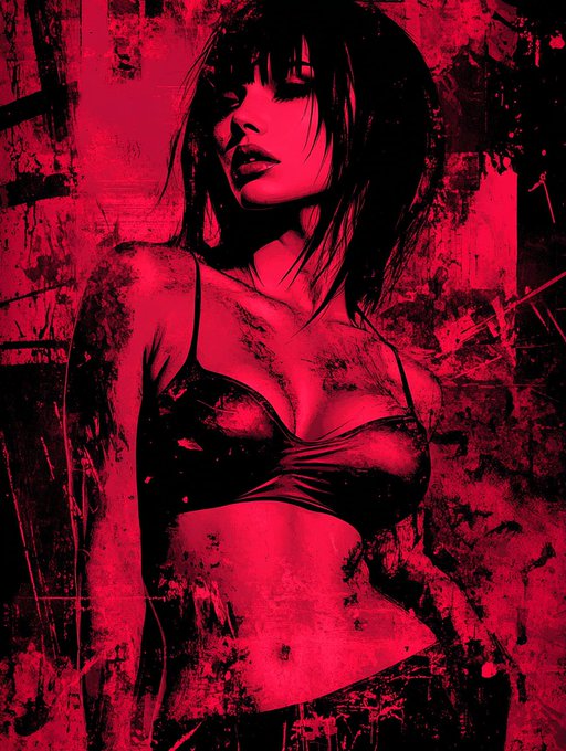 A stylized red and black illustration of a woman with short dark hair wearing a sheer top, rendered in a grungy, splattered art style.