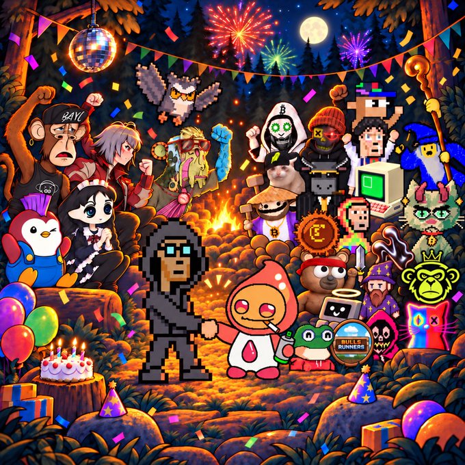A colorful, crowded digital artwork featuring various cartoon, anime, and pixel-art characters, including a gorilla in a 'BAYC' shirt, partying around a campfire and birthday cake under fireworks.