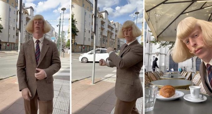 A three-panel image of a person cosplaying a character with a blonde mushroom haircut, wearing a tweed suit, in an urban setting and at a café.