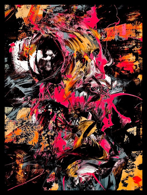 An abstract digital artwork or painting featuring chaotic splashes of black, pink, orange, and white paint with energetic brushstrokes.