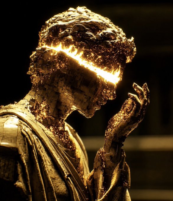 A golden statue with glowing cracks across its face holds a hand to its chin in a contemplative pose, embodying reflection or contemplation. The image's pensive, statue-like figure visually mirrors the post's tone of thoughtfully acknowledging both frustrations and overlooked rules about MoonPay's verification requirements.