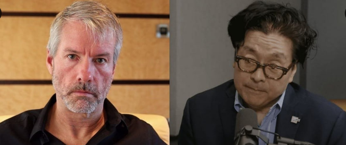 The image presents a side-by-side comparison of two men, both wearing suits, one with glasses and the other with a goatee. The man in the glasses has his hand placed over his mouth as if in a deep thought or conversation, while the man without glasses appears to be looking off into the distance. Additionally, there are several words visible in the image that suggest connections between the men's presence at the same event: "ÚLTIMO Michael Saylor tiene", which could mean Michael Saylor from a previous project; "Tom Lee tiene", possibly referring to another individual with Tom Lee on their name tag; and "No realizadas en su posición de #BTC" implying that these men are involved in a business event or meeting. The image also contains the text "Focus on what is in the image and how it relates to", which could be interpreted as a prompt for viewers to think about the connections between the two men's presence at this particular gathering.