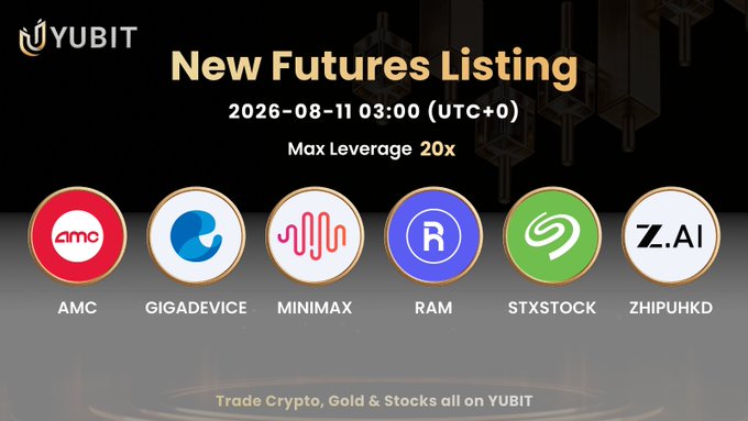 A YUBIT announcement graphic for 'New Futures Listing' on 2026-08-11 03:00 (UTC+0) with Max Leverage 20x, showcasing six coins: AMC, GIGADEVICE, MINIMAX, RAM, STXSTOCK, and ZHIPUHKD.