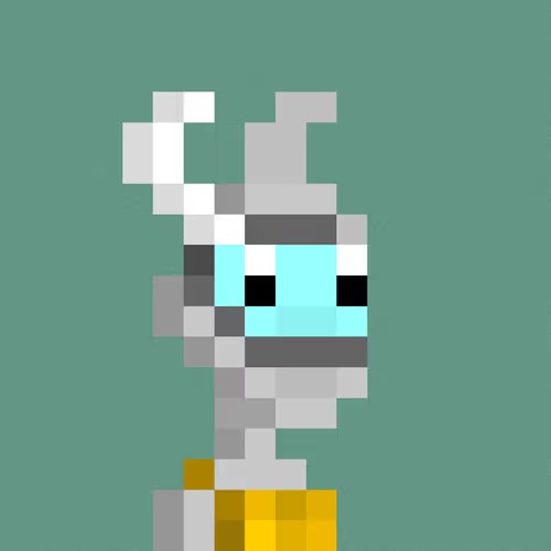 Pixel art character with light blue skin, white head decoration, and yellow clothing against a green background.