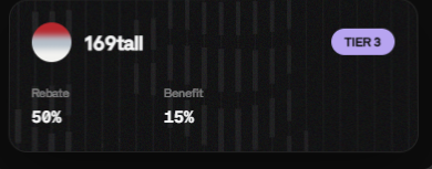Dark interface card showing a user profile "169tall" labeled "TIER 3" with a "Rebate" of 50% and "Benefit" of 15%.