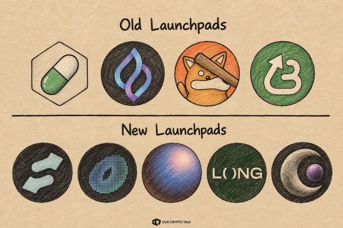 A meme comparing “Old Launchpads” with “New Launchpads,” showing several illustrated icons; the watermark “OUR CRYPTO TALK” appears at the bottom.