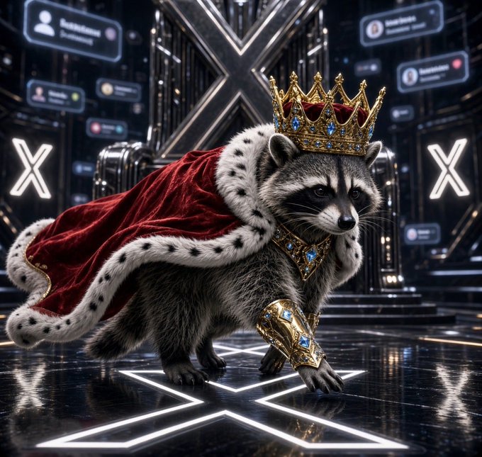A raccoon wearing a golden crown and a red cape stands on a reflective surface, surrounded by floating user profile icons and large 'X' logos in a futuristic setting.