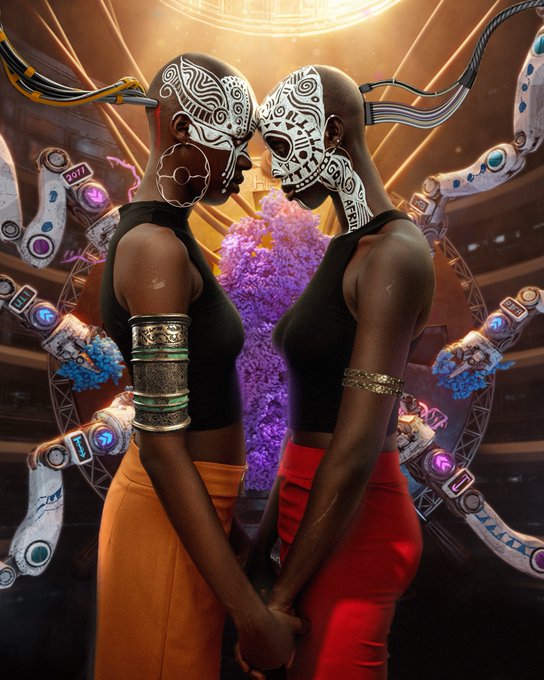 A futuristic artistic image showing two figures facing each other with elaborate white patterned masks, wearing tank tops and orange and red skirts, surrounded by mechanical tentacle-like structures and a glowing purple backdrop.
