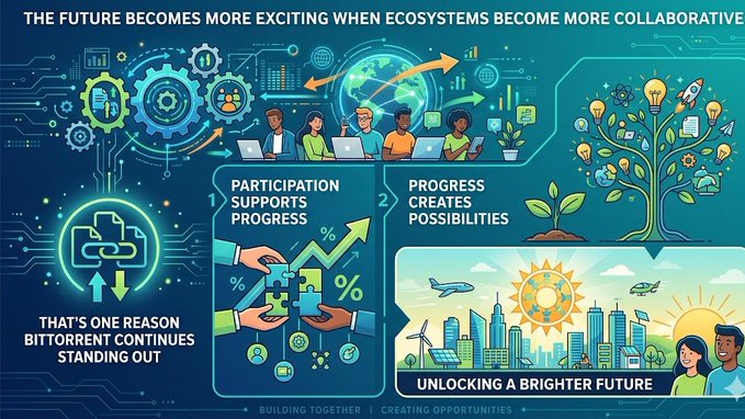 The image features a colorful poster with various illustrations of people, buildings, and cityscapes. The poster includes text that explains the concept of BitTorrent as an example of collaborative progress. It also highlights the importance of collaboration between ecosystems for a brighter future.