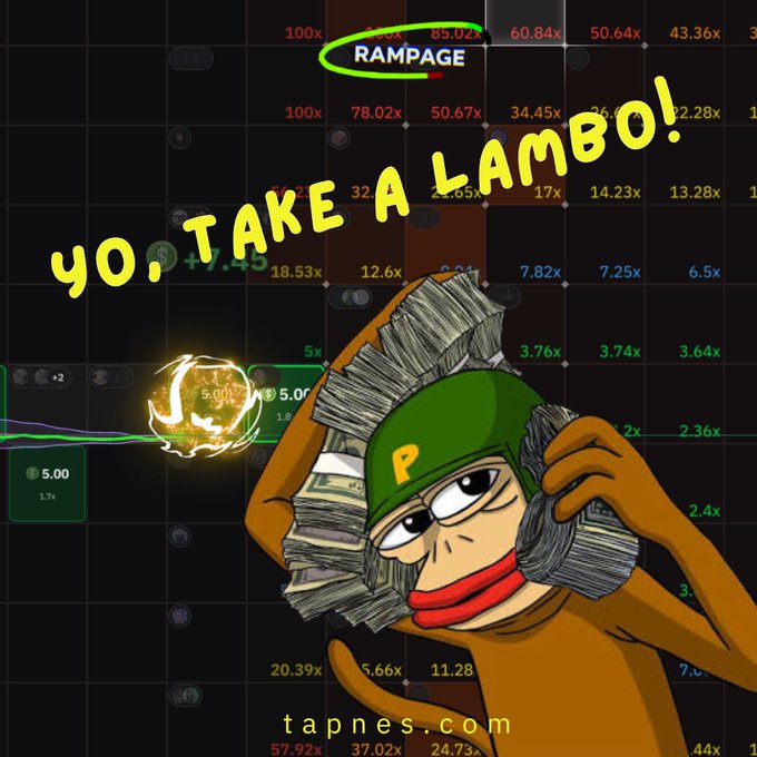 A meme image showing a cartoon character in a green 'P' hat holding stacks of money, overlaid on a gambling/crash game chart with 'RAMPAGE' circled and the text 'yo, TAKE A LAMBO!'