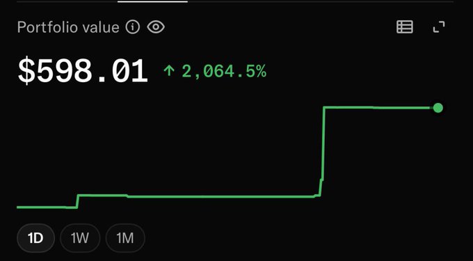 A dark portfolio dashboard displays “Portfolio value $598.01” with a green “2,064.5%” gain and a sharply rising line chart labeled “1D,” “1W,” and “1M.”