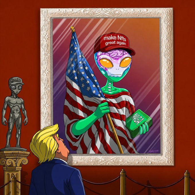 A blond-haired man in a suit admires a framed portrait of a green alien draped in an American flag, wearing a red "Make NFTs Great Again" cap and holding a bar of gold labeled "MAGMA," while a metallic alien statue stands on a pedestal nearby. The artwork's patriotic alien imagery and "Make NFTs Great Again" slogan playfully tie into the post's theme of believers minting NFT history while others are merely spectators.