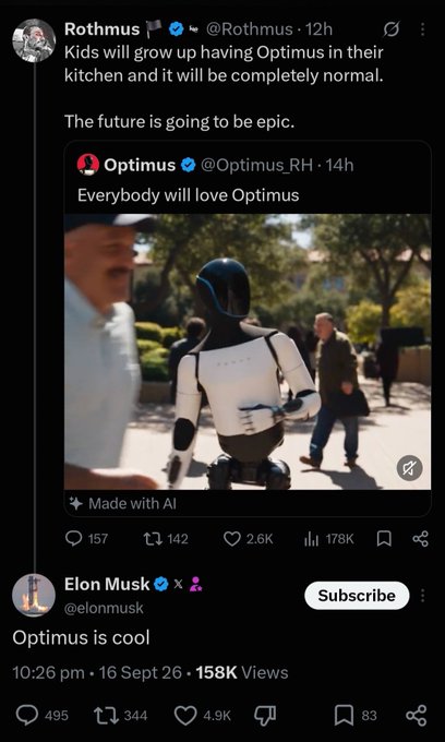 The image shows a Twitter/X post from Elon Musk (@elonmusk) saying "Optimus is cool" with 4.9K likes, quoting a thread from Optimus (@Optimus_RH) and @Rothmus discussing how children will grow up having Optimus robots in their kitchens. The post relates to the caption by demonstrating Musk's public engagement with Optimus-related content, supporting the claim that $OPTIMUS (Tesla's humanoid robot project) is receiving significant attention from Elon Musk, as evidenced by his direct interaction with promotional posts about it.
