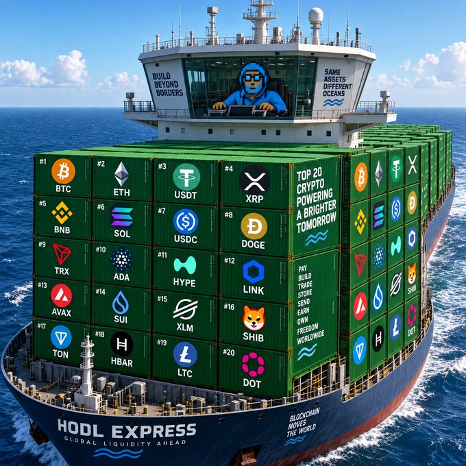 A digital illustration of a cargo ship named "HODL EXPRESS" loaded with shipping containers labeled with top 20 cryptocurrencies including BTC, ETH, USDT, XRP, BNB, SOL, USDC, DOGE, TRX, ADA, HYPE, LINK, AVAX, SUI, XLM, SHIB, TON, HBAR, LTC, and DOT, with slogans like "BUILD BEYOND BORDERS" and "SAME ASSETS DIFFERENT OCEANS."