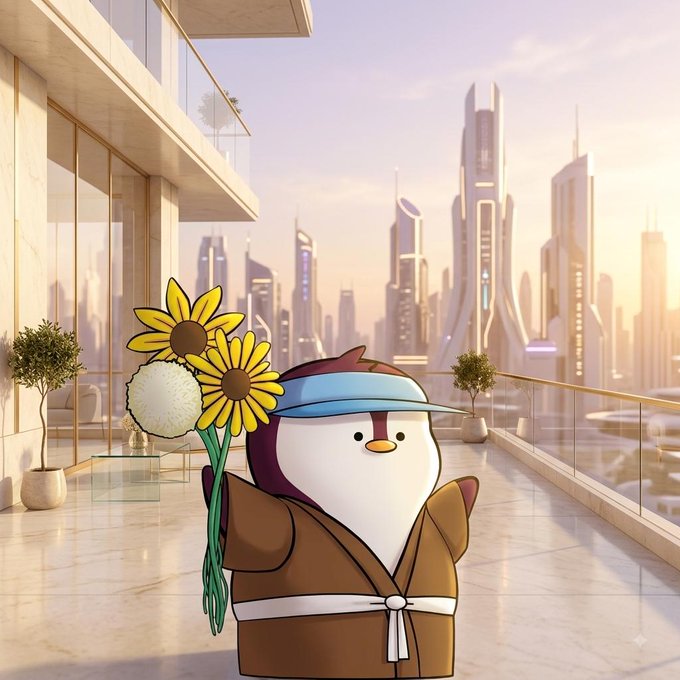 A cartoon penguin wearing a brown robe and blue visor holds a bouquet of sunflowers and a white pom-pom, standing on a modern balcony with a futuristic city skyline in the background.