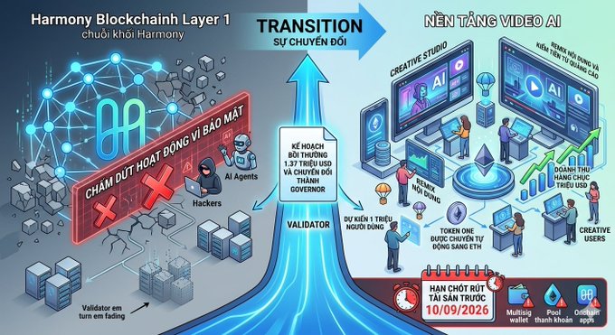 An infographic showing 'Harmony Blockchain Layer 1' transitioning with Vietnamese text to 'NỀN TẢNG VIDEO AI', depicting the shift from blockchain validation to AI creative studios, with red alert warnings about platform shutdowns by 10/09/2026.