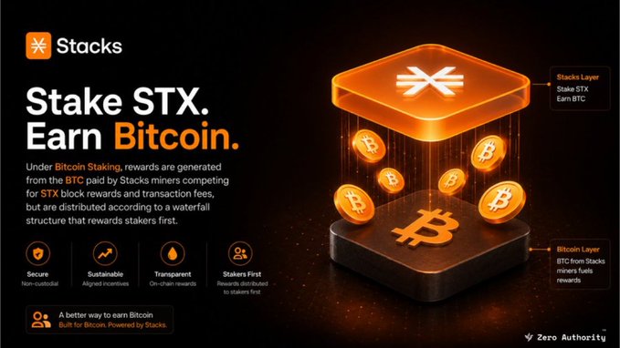 A promotional graphic for Stacks cryptocurrency stating 'Stake STX. Earn Bitcoin.' with an illustration of Bitcoin coins flowing from an orange Stacks block to a Bitcoin block, highlighting features like 'Secure', 'Sustainable', 'Transparent', and 'Stakers First'.