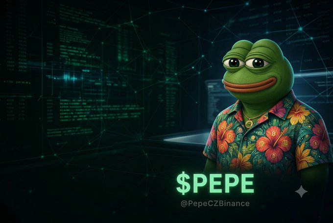 A digitally rendered Pepe the Frog character wearing a colorful floral Hawaiian shirt, set against a dark background with code and network graphics, with '$PEPE' and '@PepeCZFinance' displayed.