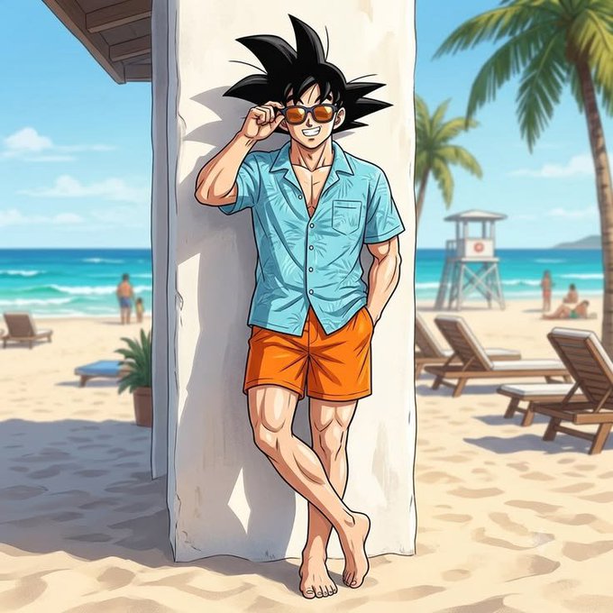 An anime-style illustration depicts Goku wearing sunglasses, a blue Hawaiian shirt, and orange swim trunks, leaning casually against a wall on a sunny beach.